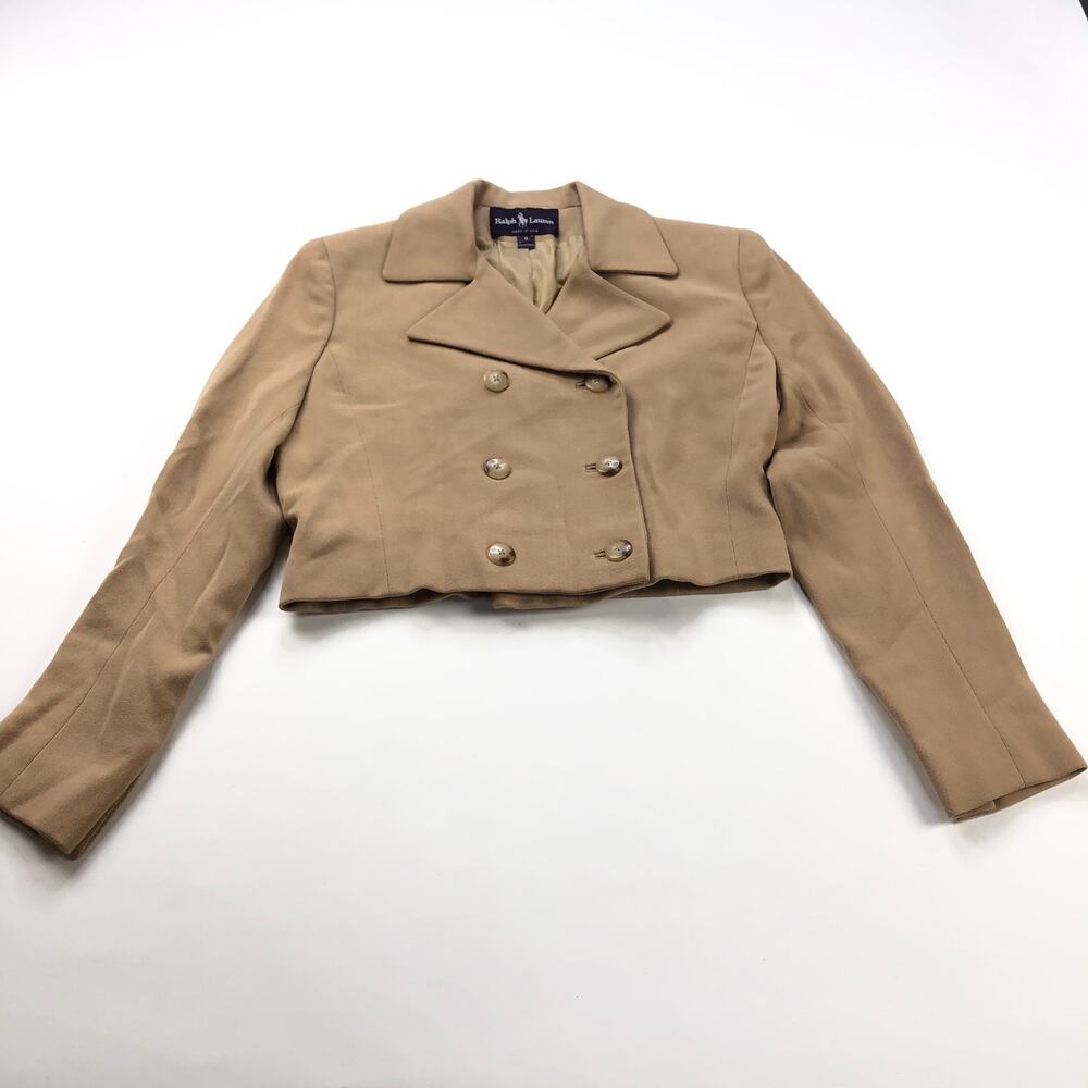 Ralph Lauren Purple Label Crop 100% Wool Size 8 Button Blazer Jacket Beige MINT